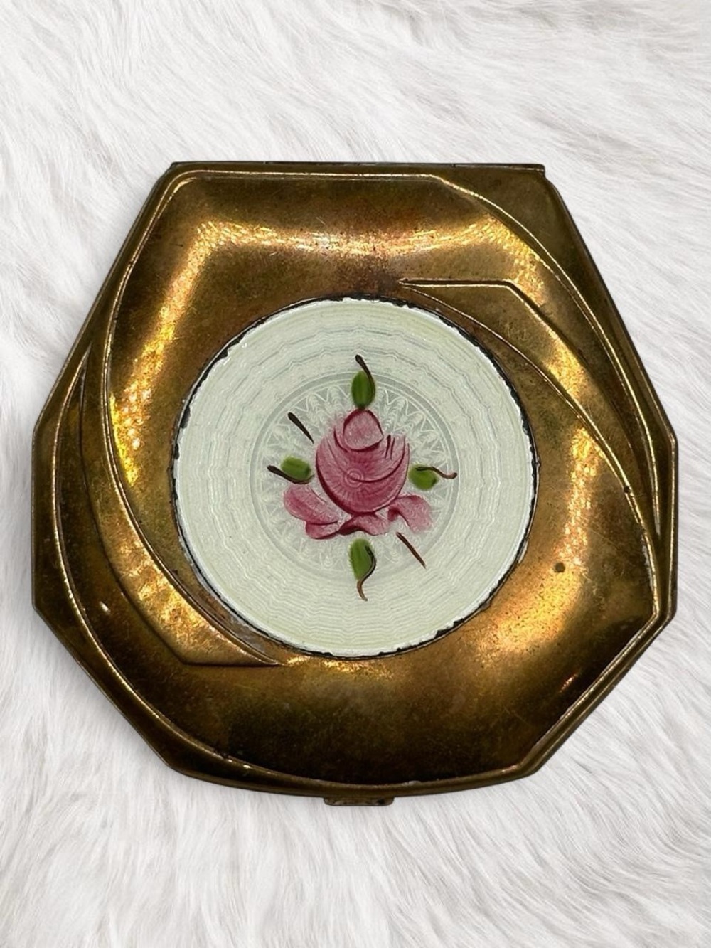 Antique Art Deco Elgin American Guilloché Gold Tone Floral Mirrored Compact